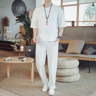 Set: Short-sleeve Frog-button Top + Pants