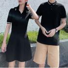 Couple Matching Short-sleeve Contrast Trim Collared T-shirt / Mini A-line Dress / Shorts