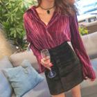 Slit-cuff Pleated Velvet Blouse