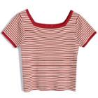 Striped Short-sleeve Square Neck Cropped Knit Top Red - One Size