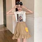 Sleeveless Printed T-shirt / Ruffle Trim Asymmetric Skirt