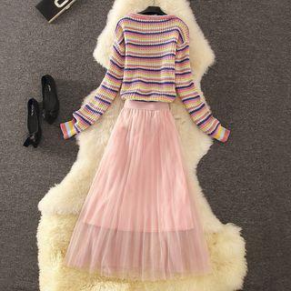 Set: Striped Sweater + Midi A-line Mesh Skirt