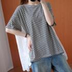 Elbow-sleeve Striped Eyelet Lace Panel T-shirt Stripes - Black & White - One Size