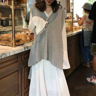 Long-sleeve A-line Maxi Dress / Dip Back Knit Vest