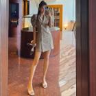 Puff-sleeve Metallic-button Wrap Dress