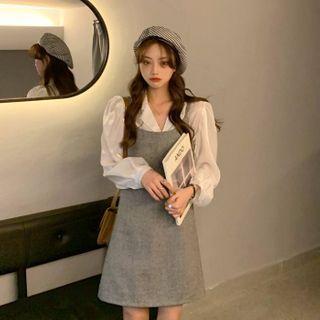 Long-sleeve Open-collar Blouse / Mini A-line Overall Dress