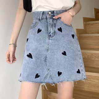 Heart Embroidered High-waist Denim Skirt