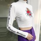 Lettering Print Mock-neck Long-sleeve Cropped Top