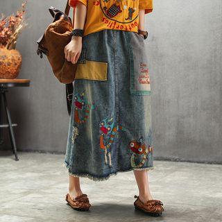 Embroidered Denim A-line Midi Skirt Blue - One Size