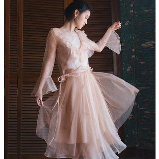 Set: Long-sleeve Mesh Top + A-line Midi Skirt + Camisole Top