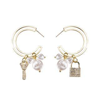 Non-matching Rhinestone Lock & Key Faux Pearl Dangle Earring 1 Pair - As Shown In Figure - One Size
