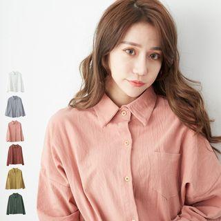 Drop Shoulder Crinkled Long-sleeve Shirt