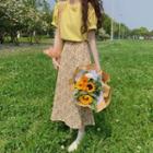 Puff-sleeve Top / Floral Print Midi A-line Skirt