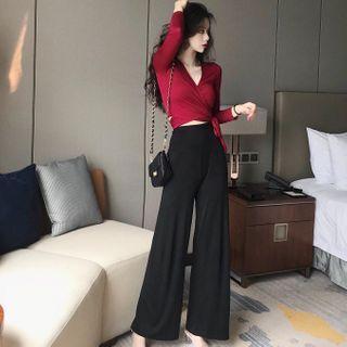 Long-sleeve Tie-waist Crop Top / Wide Leg Pants