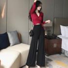Long-sleeve Tie-waist Crop Top / Wide Leg Pants