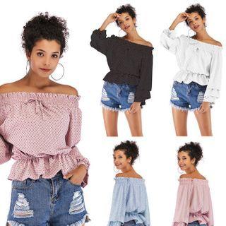 Dotted Off-shoulder Balloon-sleeve Chiffon Blouse