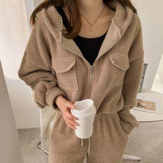 Drawstring-hem Zip-up Knit Hoodie