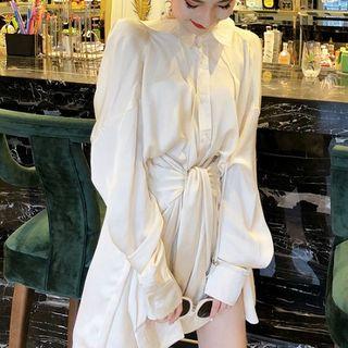 Long-sleeve Tie-waist Mini A-line Shirtdress White - One Size