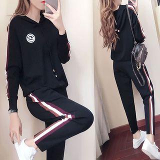 Set: Contrast-trim Knit Hoodie + Cropped Knit Sweatpants