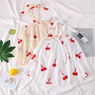 Boatneck Cherry-embroidered Halter Top