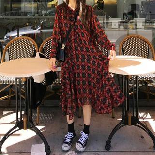 Argyle Patterned Long Sleeve Midi Dress
