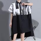 Short-sleeve Print Panel Shirtdress Black - One Size