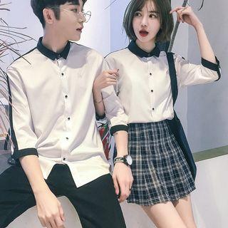 Couple Matching 3/4-sleeve Contrast Trim Shirt