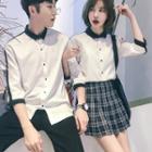 Couple Matching 3/4-sleeve Contrast Trim Shirt