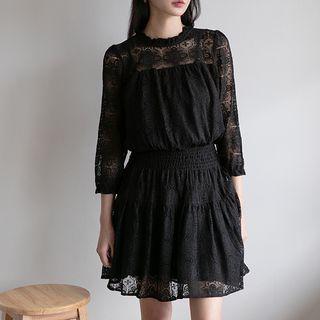 Smocked-waist Flared Lace Dress