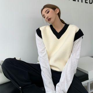 V-neck Knit Vest / Long-sleeve Plain T-shirt (various Designs)