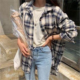 Drop-shoulder Dip-back Plaid Shirt Navy Blue - One Size
