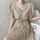 V-neck Lantern-sleeve Accordion Pleat Maxi Dress