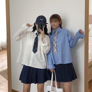Pleated Mini A-line Skirt/ Plain Shirt/ Diamond Patterned Tie/ Set