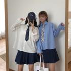 Pleated Mini A-line Skirt/ Plain Shirt/ Diamond Patterned Tie/ Set