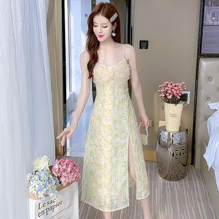 Spaghetti-strap Mesh Panel Floral Chiffon Dress