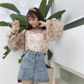 Set: Floral Print Chiffon Blouse + Camisole Top