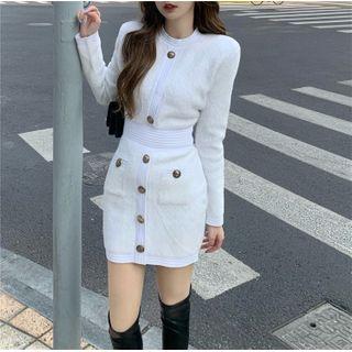 Fluffy Long-sleeve Sheath Dress