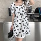 Short-sleeve Bow Print A-line Dress White - One Size
