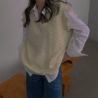 Plain Shirt / Distressed Knit Vest