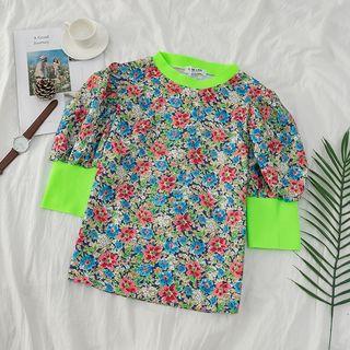 Contrast Trim Puff-sleeve Floral Round Neck Top As Shown In Figure - One Size