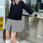 Mock Two-piece Knit Panel Checkerboard Shirt Jacket