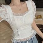 Puff-sleeve Lace-up Lace Top White - One Size