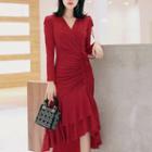 Long-sleeve Ruffle Hem Drawstring Glitter Midi Dress