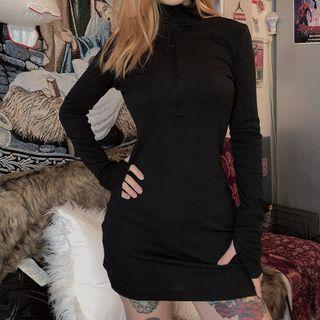 Plain Half-zip Long-sleeve Bodycon Knit Dress