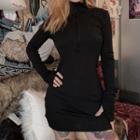 Plain Half-zip Long-sleeve Bodycon Knit Dress