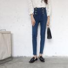 Double-breasted High-waist Fringed Jeans