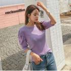 Elbow-sleeve Knit Top Purple - One Size