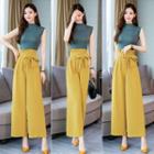 Set: Mock-neck Sleeveless T-shirt + High-waist Wide-leg Pants