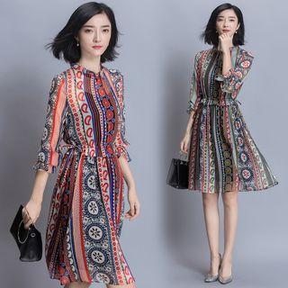 3/4 Sleeve Mandarin Collar Printed Dress