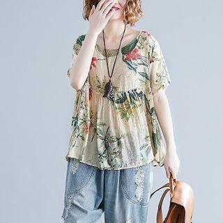 Flower Print Short-sleeve Blouse Red Flower - Almond - One Size